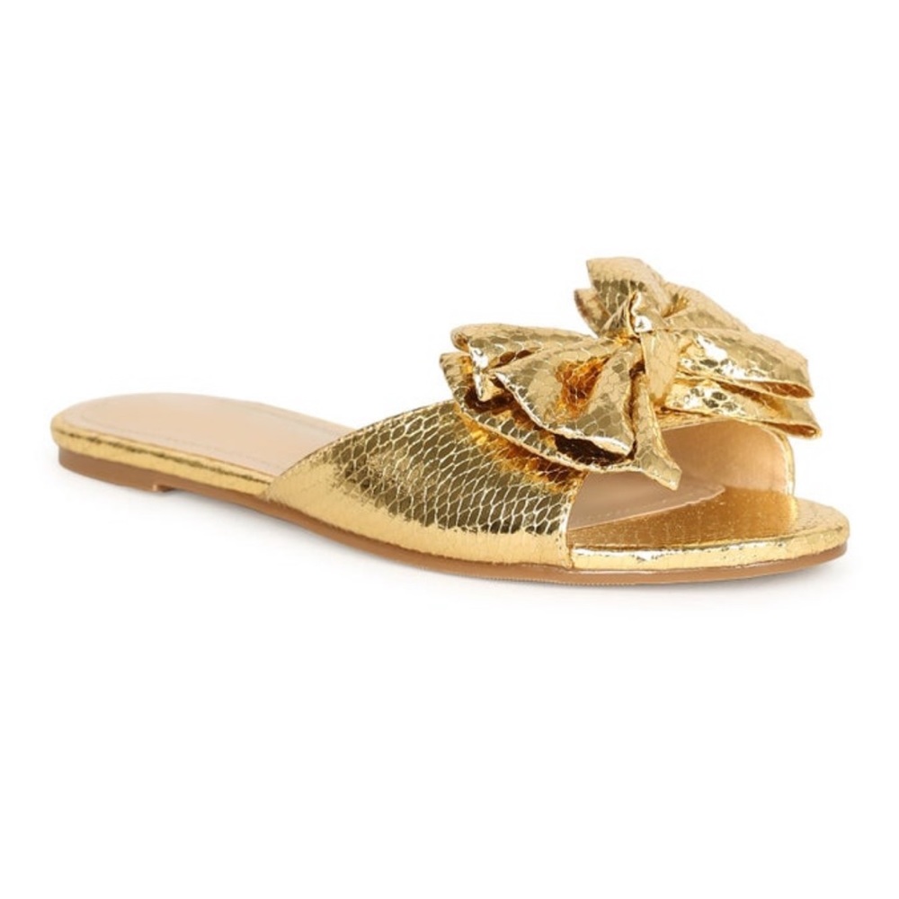 NWT Gold Metallic Snake Print Flat Bow Sandals, size 5 1/2